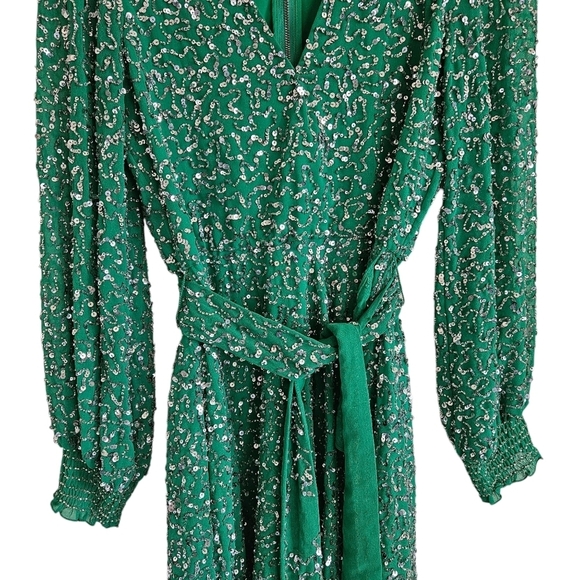 Alice + Olivia Green Sequin Beaded Long Sleeve Mini Dress - Picture 4 of 14